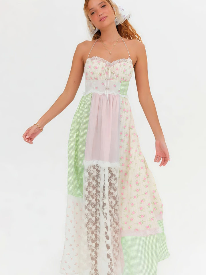 Patchwork Lace Halter Maxi Dress