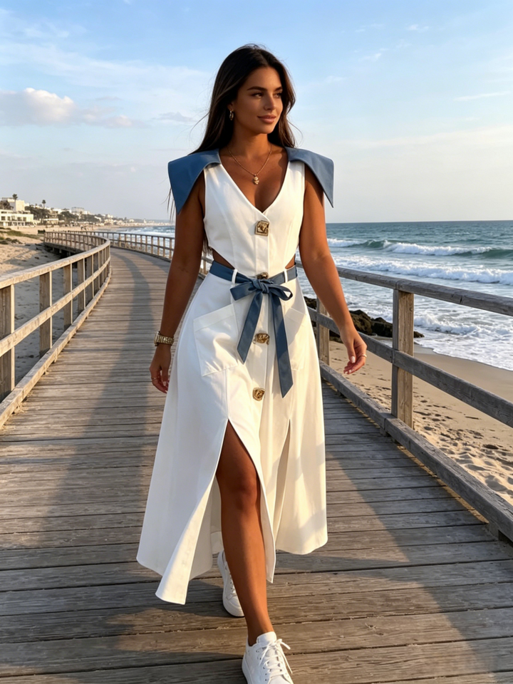 White Blue Contrast V-Neck Cutout Shirt Dress