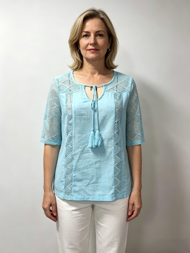U-Neck Tassel Tie Hollow Lace Patch Blouse