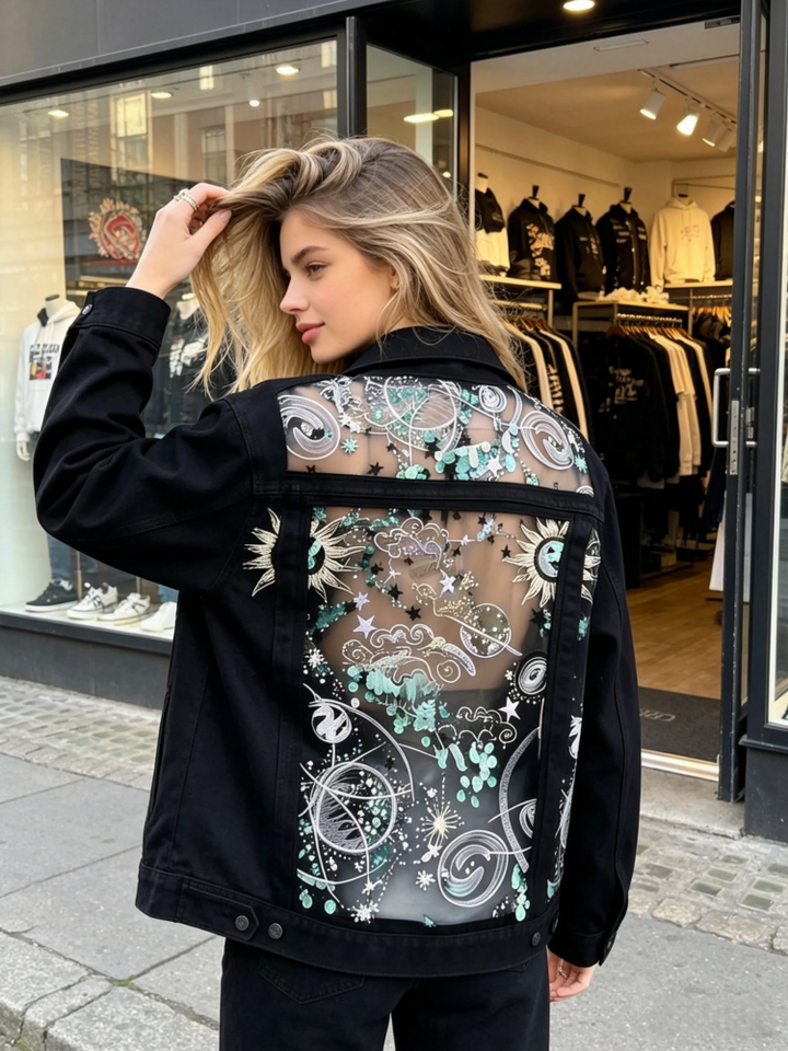 Black Denim Jacket with Sheer Celestial Embroidered Mesh Panels