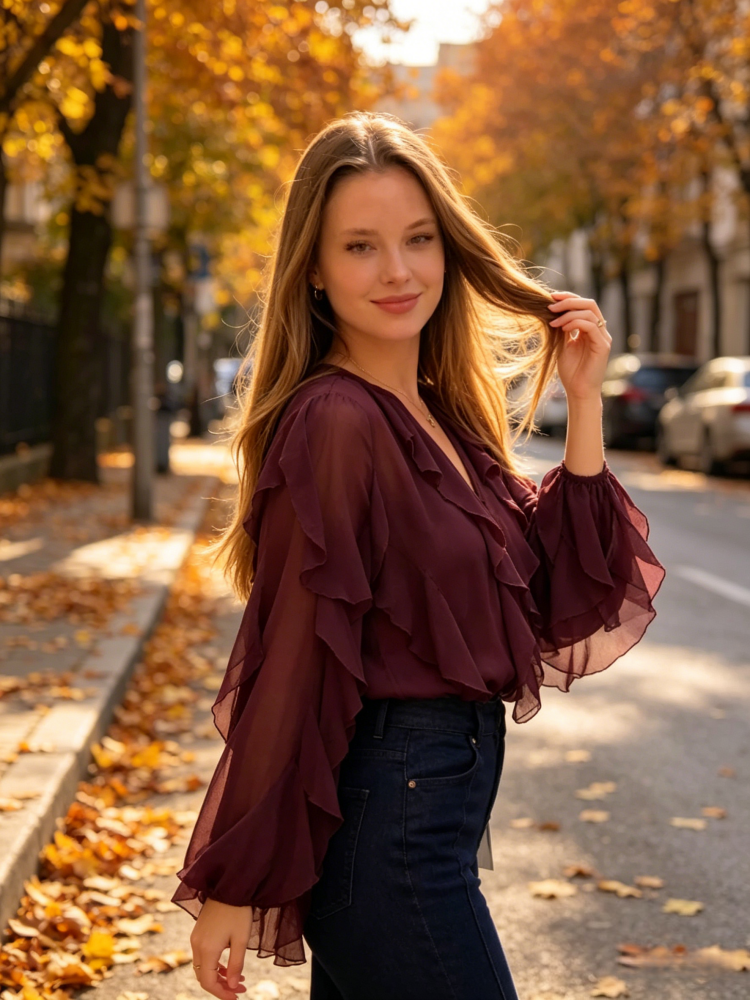 V-Neck Ruffled Long Sleeve Blouse