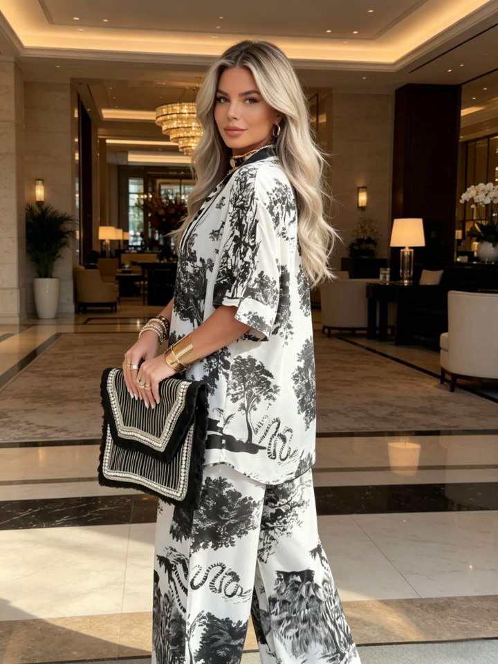 Animal Print V-Neck Wide Sleeve Two Piece Set