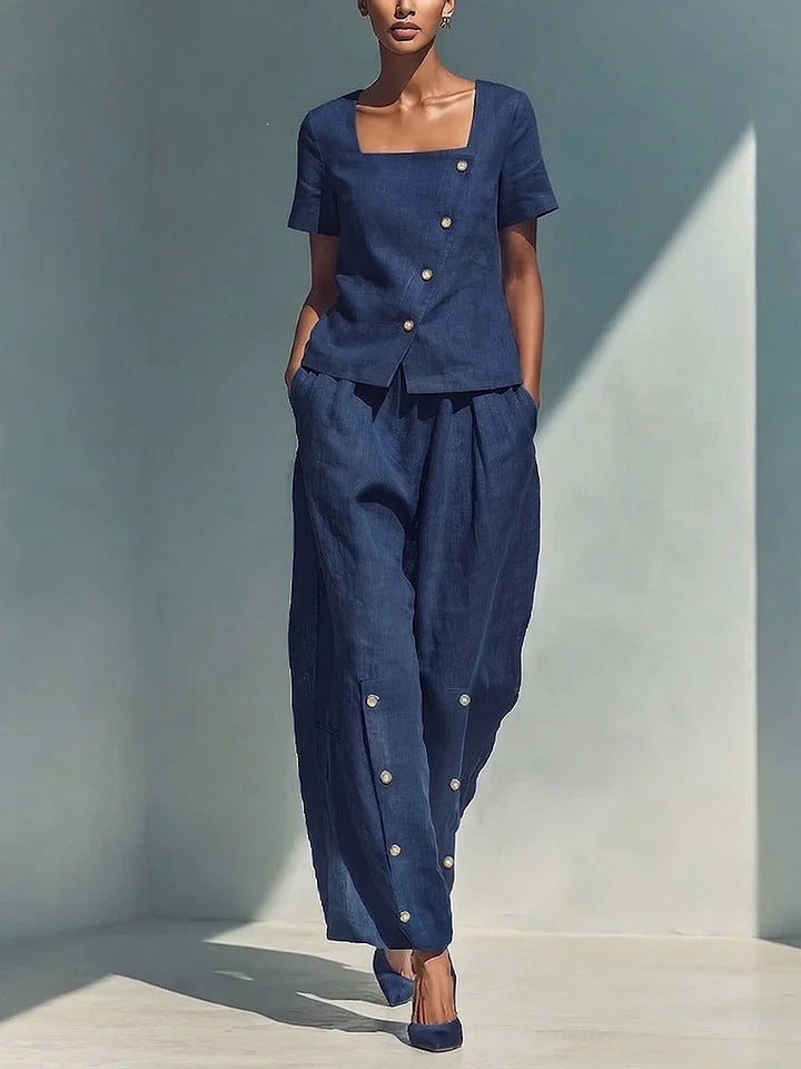 Stylish solid color loose short-sleeved top and high-waisted trousers two-piece set
