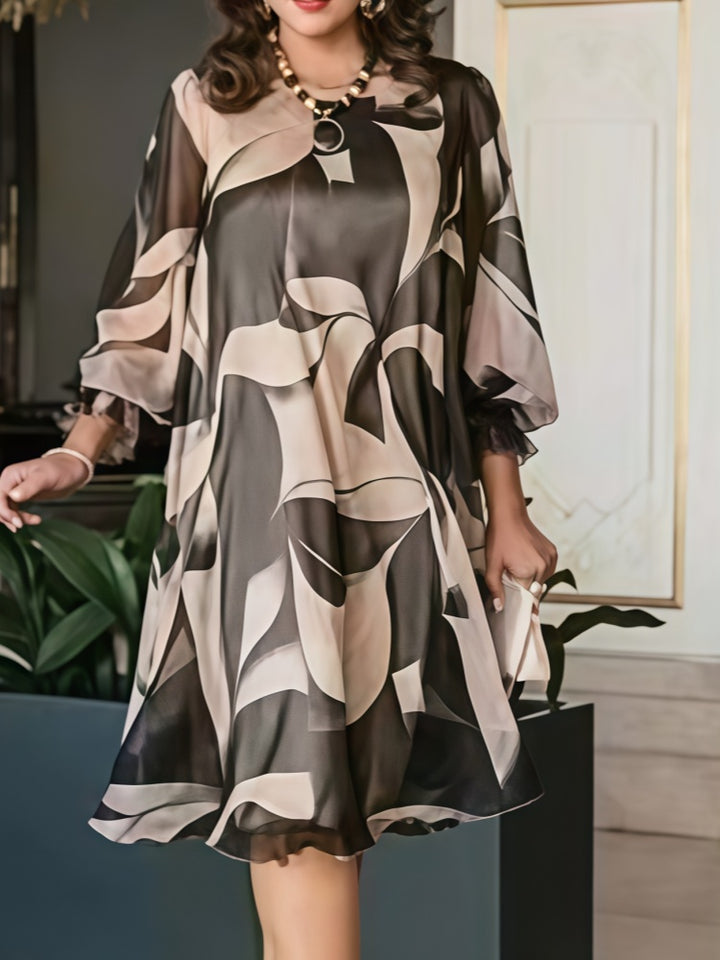 Abstract Print Flowy Long Sleeve A-Line Midi Dress