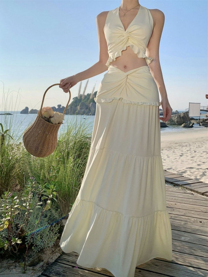 Halter Twist Crop Top &amp; Tiered Maxi Skirt Set - 2-Piece Beach Outfit