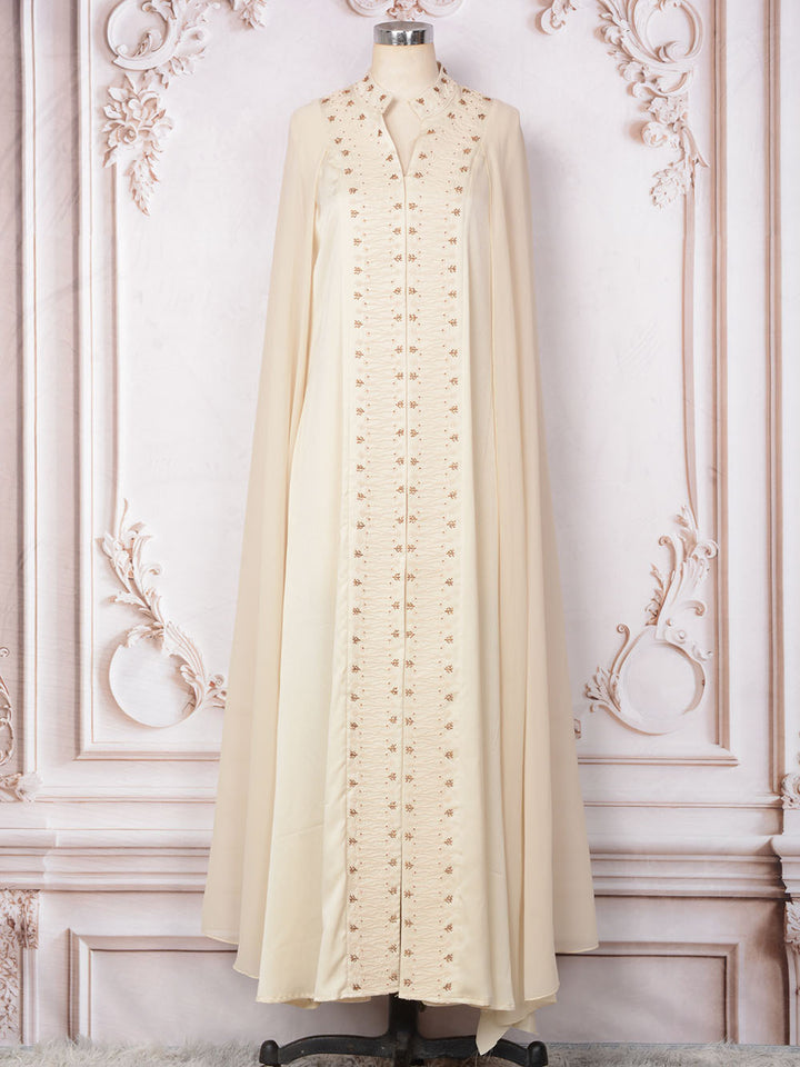 Beige Cape-Sleeve Abaya Maxi Dress with Beaded Embroidery