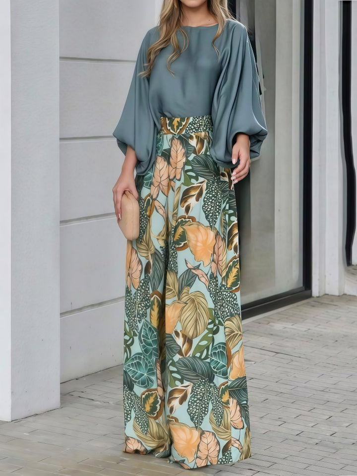 Solid Blouse &amp; Tropical Print Wide Leg Pants Two-Piece Set