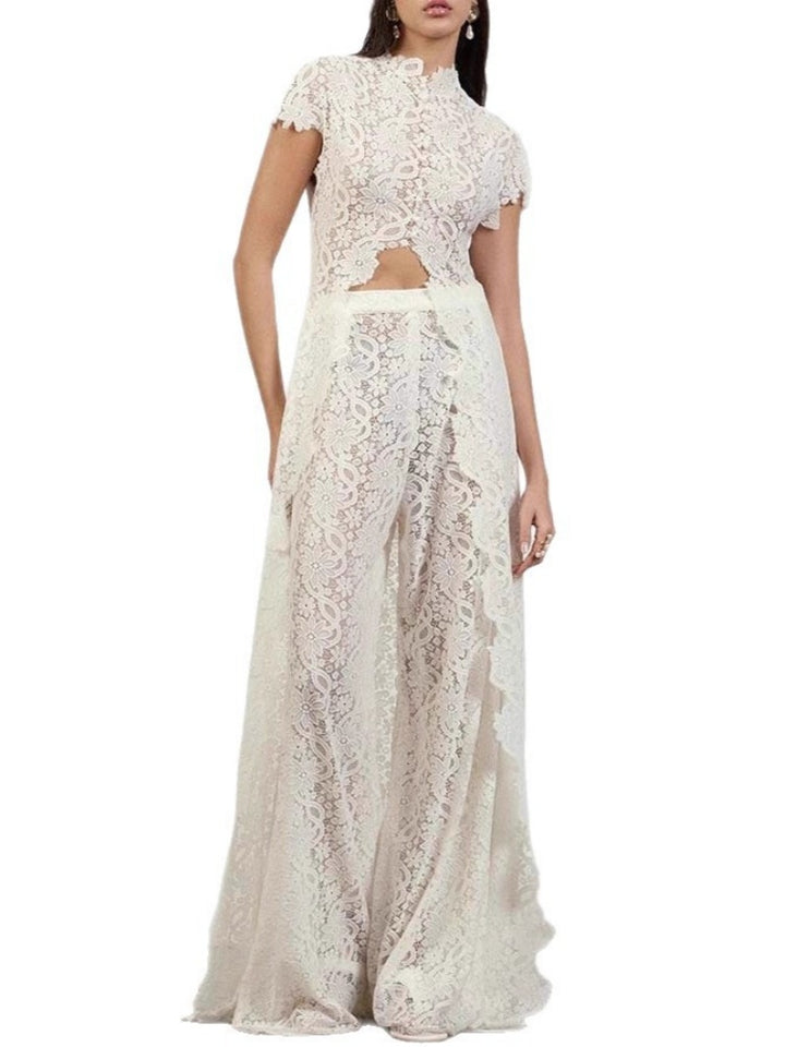 White Lace High Neck Short Sleeve Cutout Maxi Dress