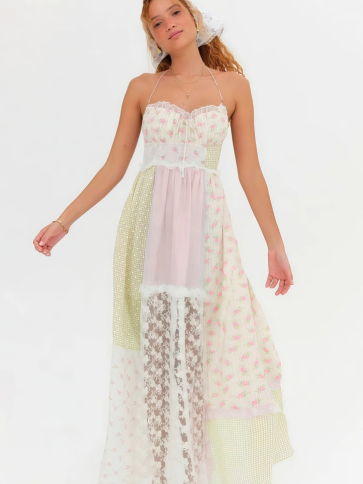 Patchwork Lace Halter Maxi Dress