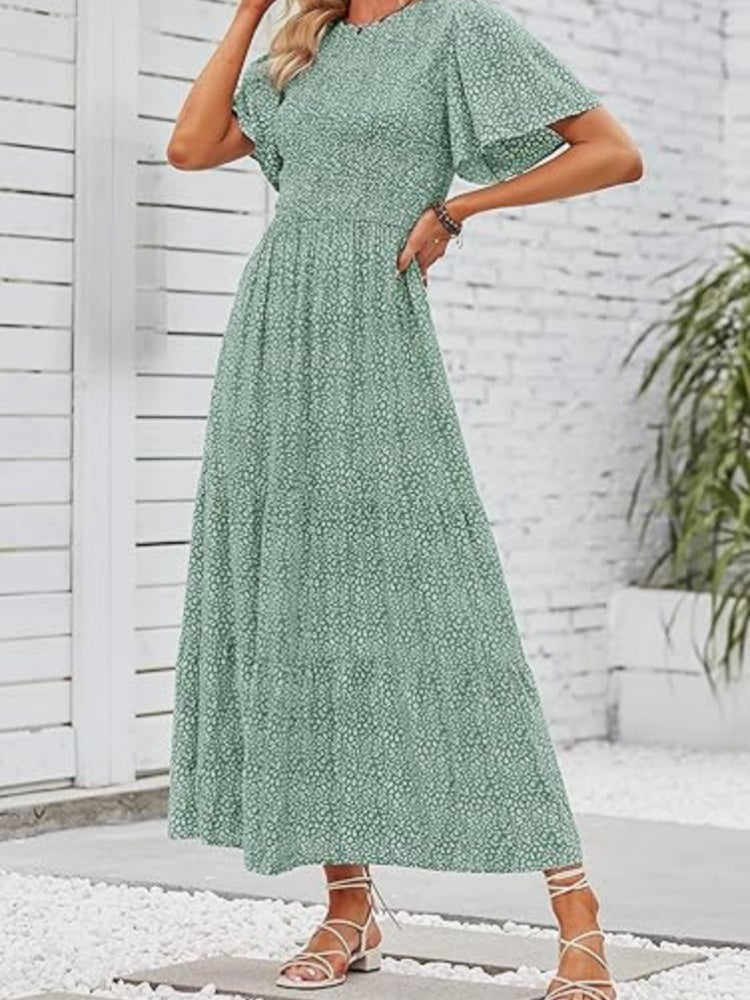Floral Print Flutter Sleeve Tiered Maxi Dress