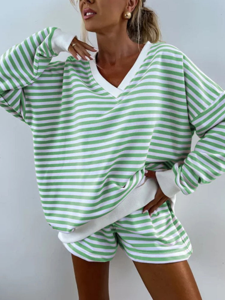 Striped V-Neck Loungewear Set