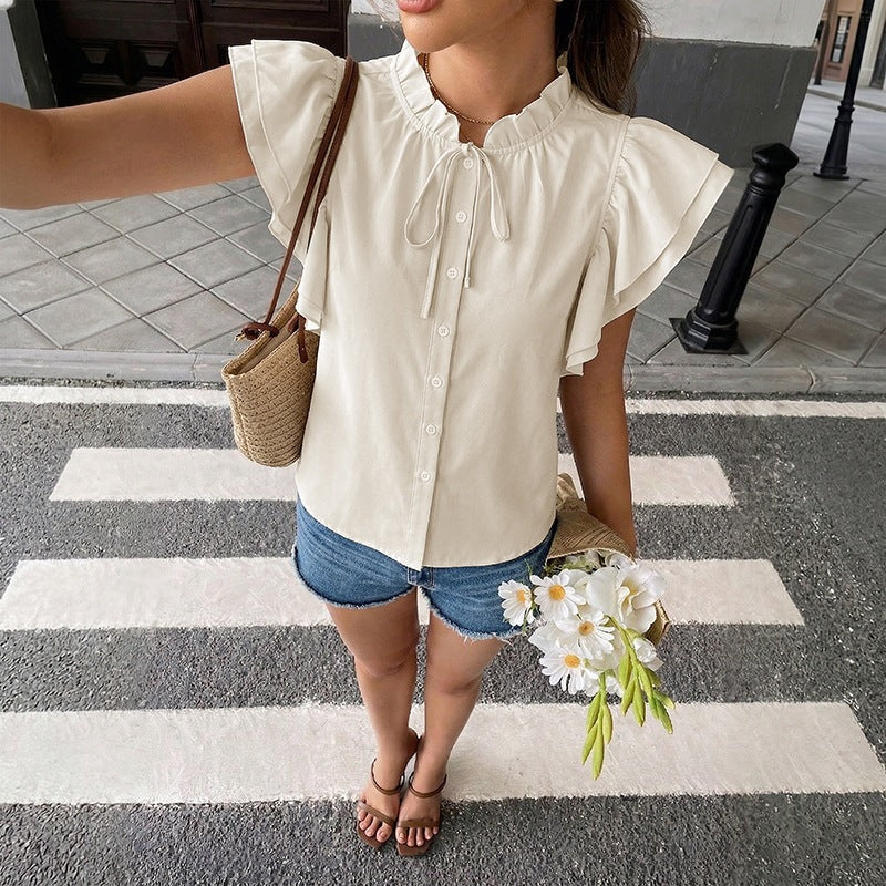 Summer casual loose stand collar tie ruffle sleeve cardigan top shirt women&