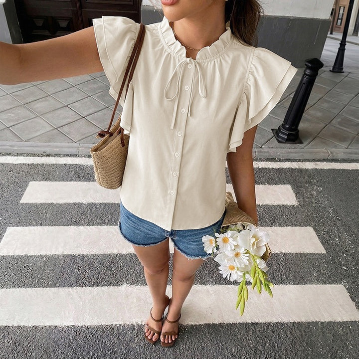 Summer casual loose stand collar tie ruffle sleeve cardigan top shirt women&