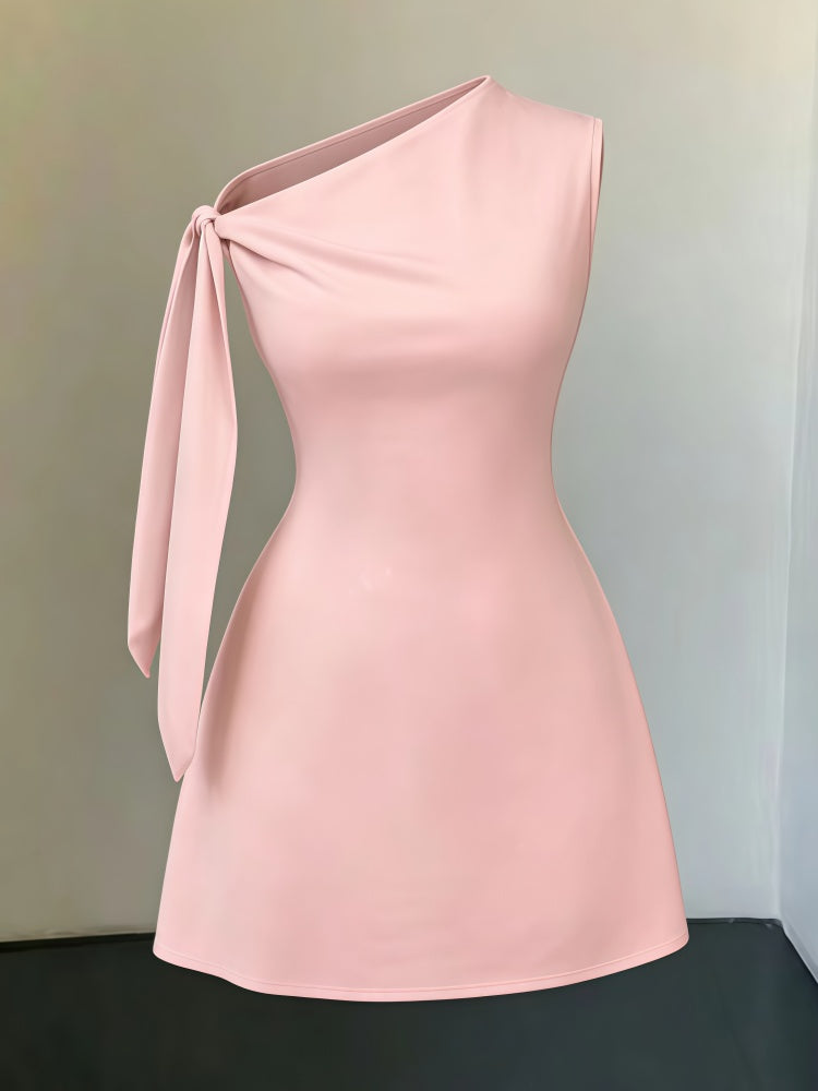 Elegant Solid Color One Shoulder Sleeveless Tie Waist Slim Fit Dress
