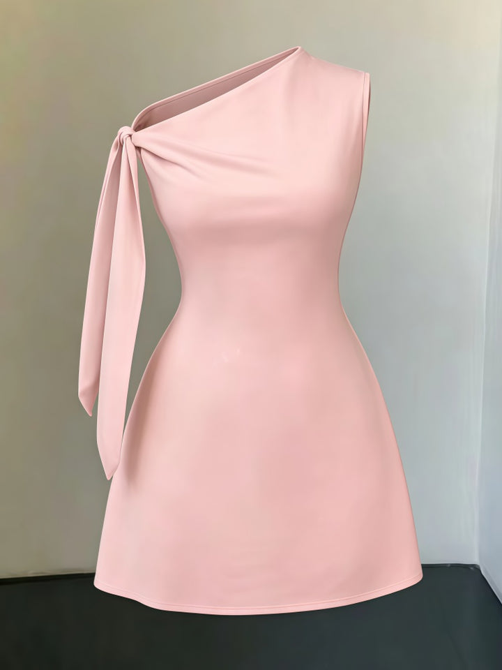 Elegant Solid Color One Shoulder Sleeveless Tie Waist Slim Fit Dress