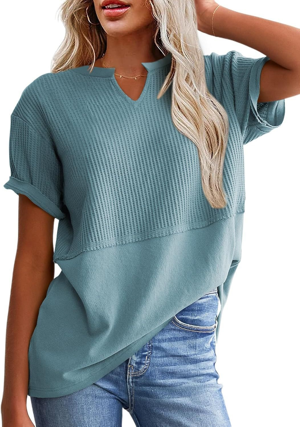 V-neck pullover shirt with belted waist