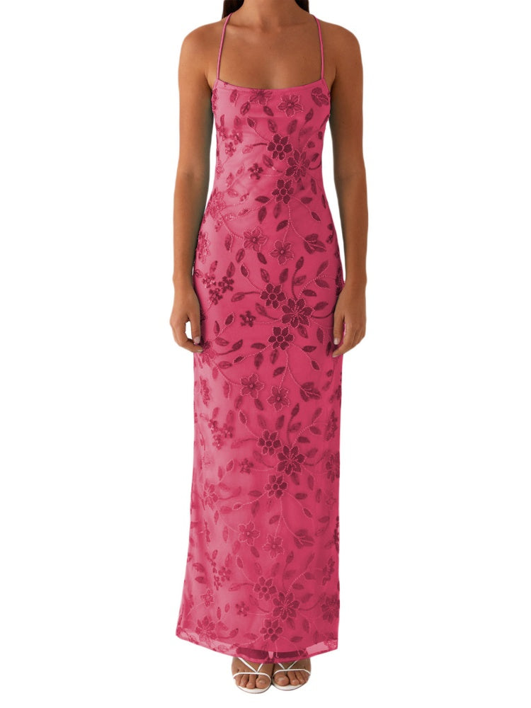 Floral Embroidered Mesh Maxi Dress - Spaghetti Strap Bodycon Evening Gown