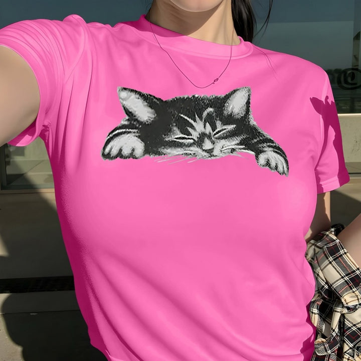 3D Cat Print Cotton Crew Neck T-Shirt - Casual Short Sleeve Tee