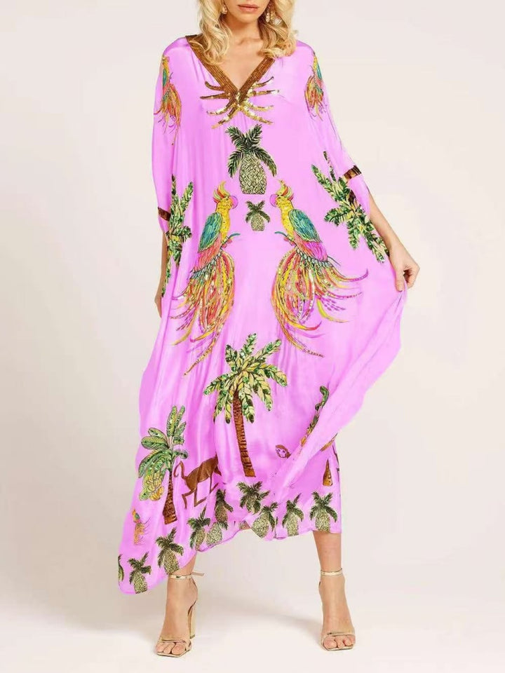 Sequin Tropical Print Kaftan Maxi Dress