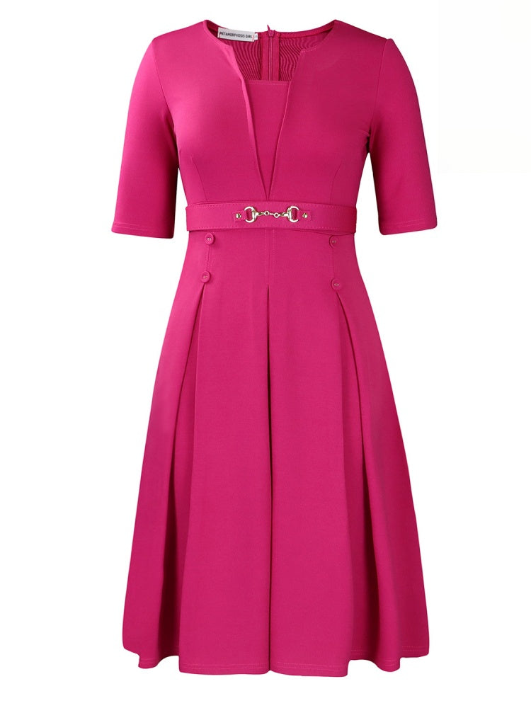 Gold Buckle Waist A-Line Work Dress