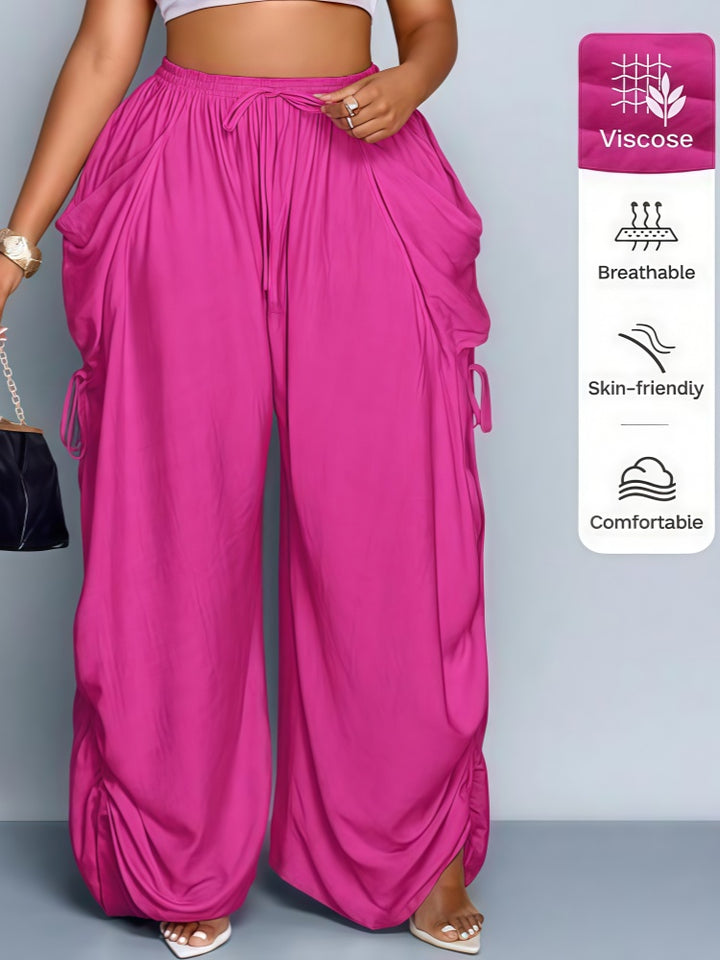 Plus Size Drawstring Ruched Wide Leg Cargo Pants with Pockets