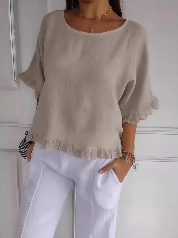 Crew Neck Ruffle Trim Short Sleeve Casual Cotton Blouse