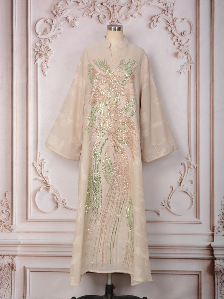 Sequin Embroidered Long Sleeve Abaya Dress