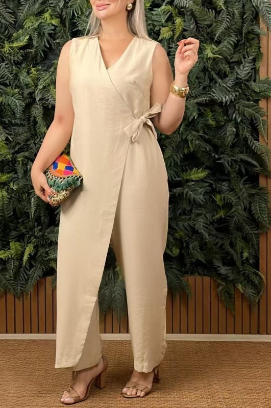 Plus Size Linen Blend Wrap Jumpsuit
