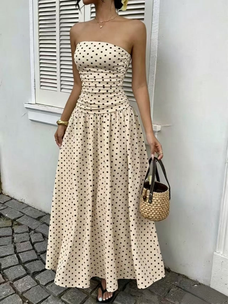 Strapless Ruched Polka Dot Flowy Maxi Dress
