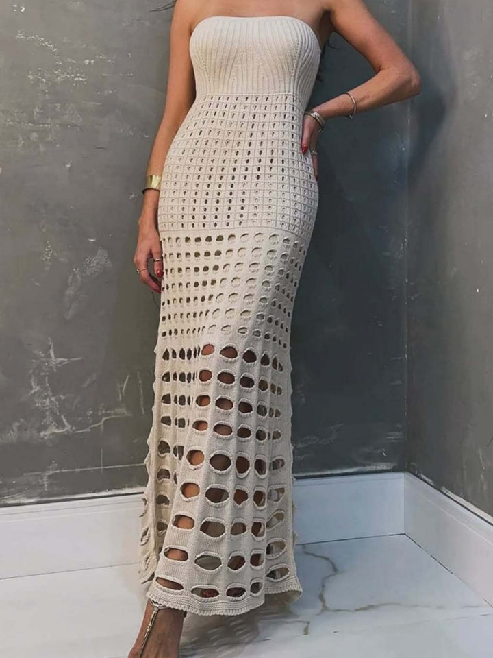 Strapless Crochet Knit Maxi Dress - High Stretch Hollow Out Beach Cover-Up