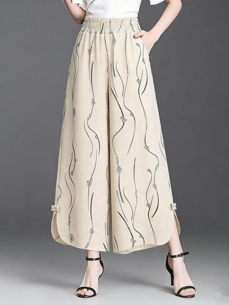 Elastic High Waist Abstract Line Print Cropped Wide Leg Culottes