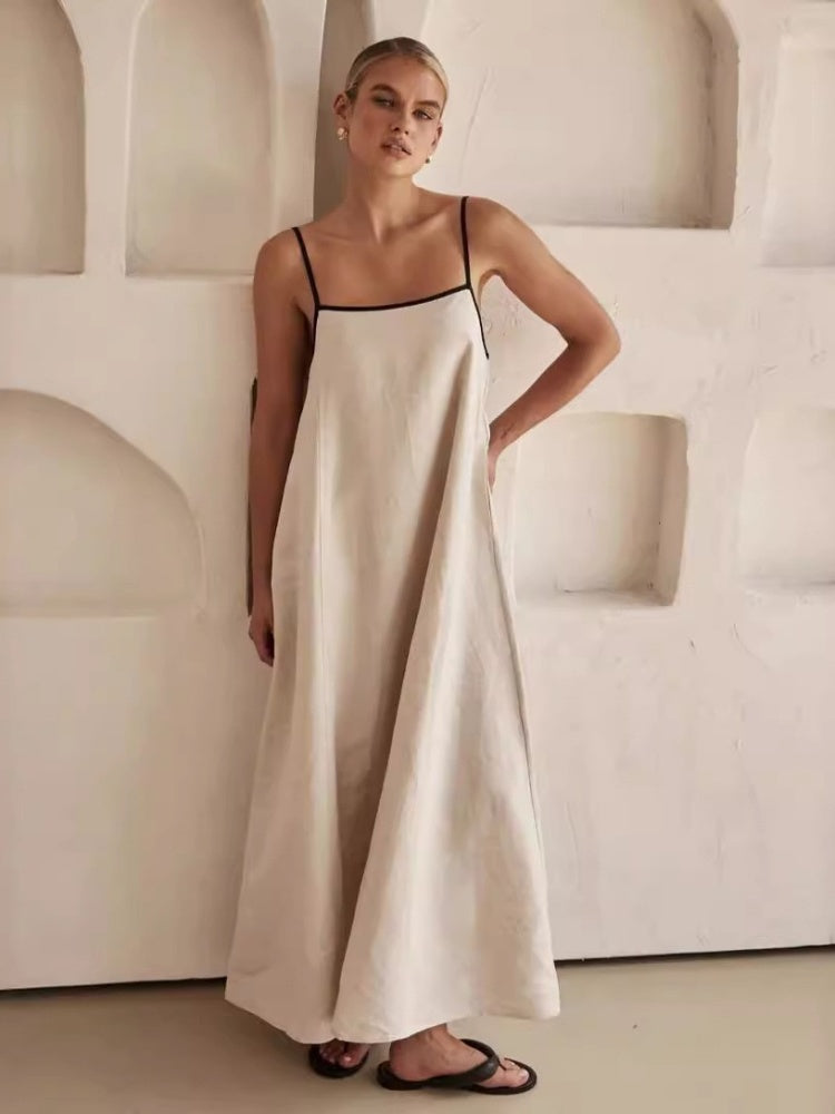 Contrast Trim Linen Blend Cami Maxi Dress