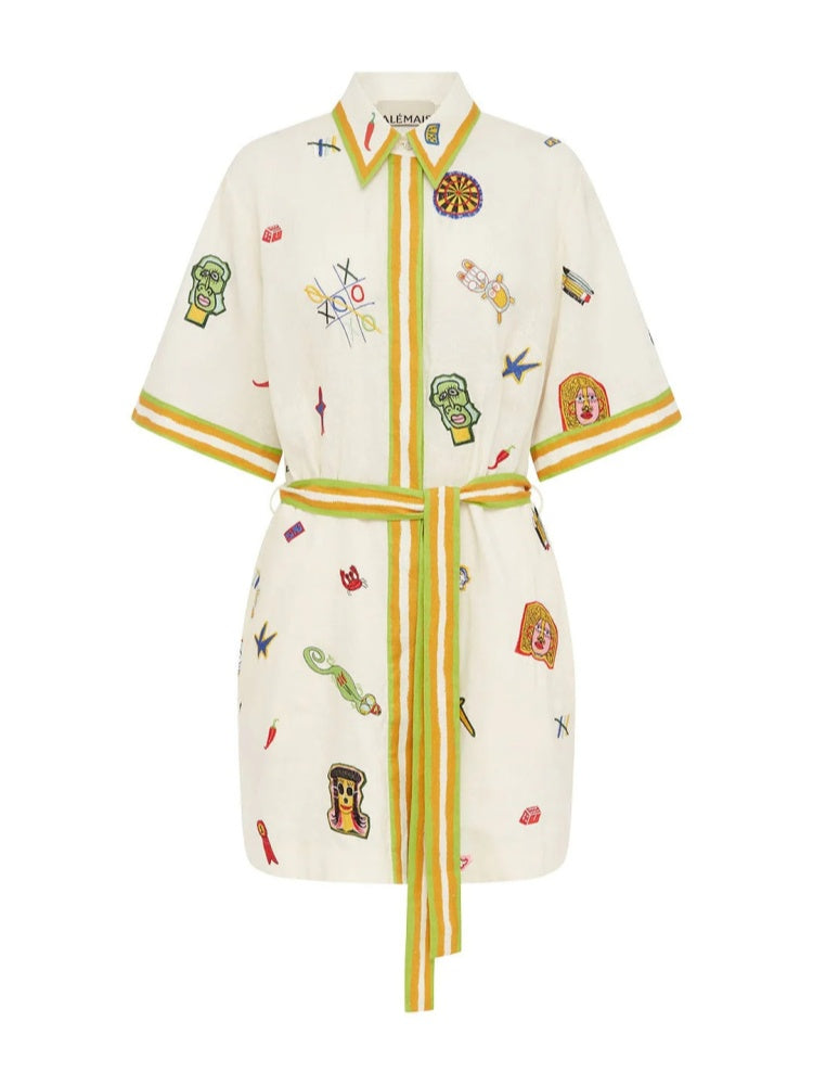 Vintage Marine Print Cotton Linen Shirt Dress - Tie Waist Nautical Mini Dress