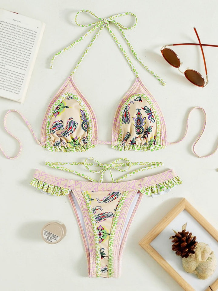 Ruffled Paisley Halter Triangle Bikini Set