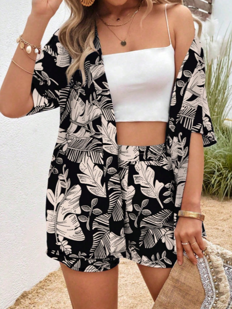 Tropical Leaf Print Open-Front Shirt &amp; Shorts Set
