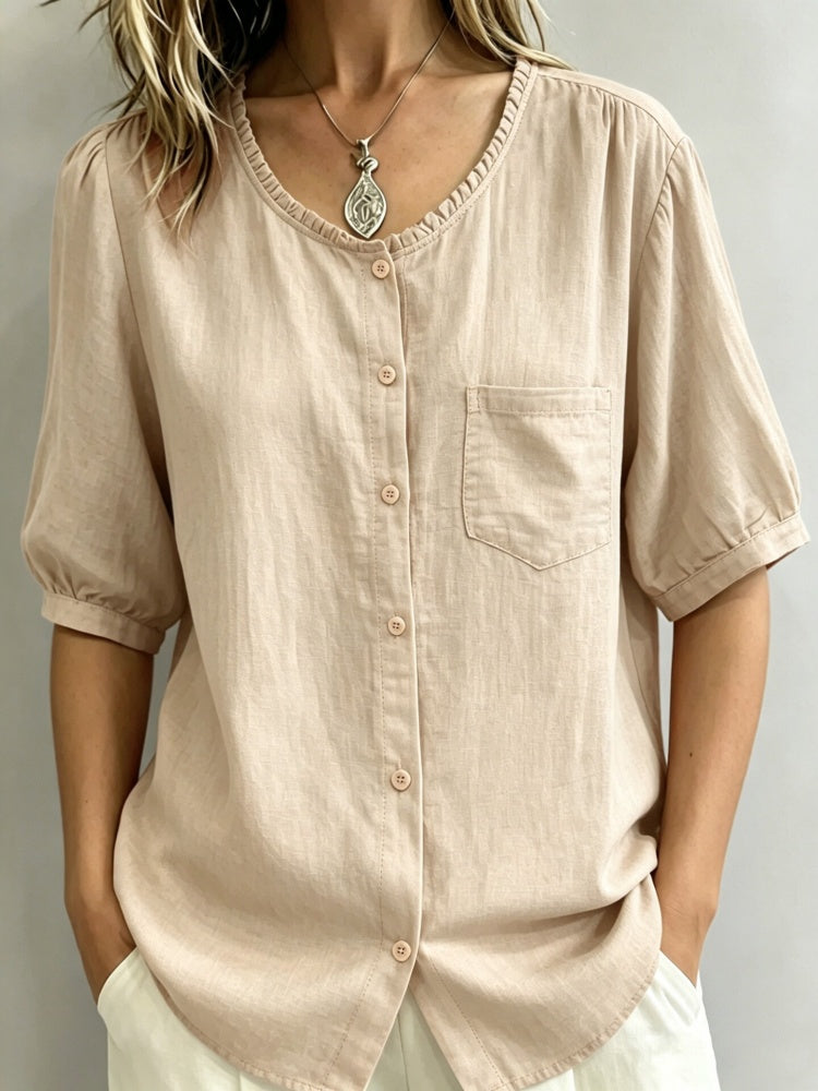 Linen Blend Ruffled Neck Puff Sleeve Button-Down Blouse