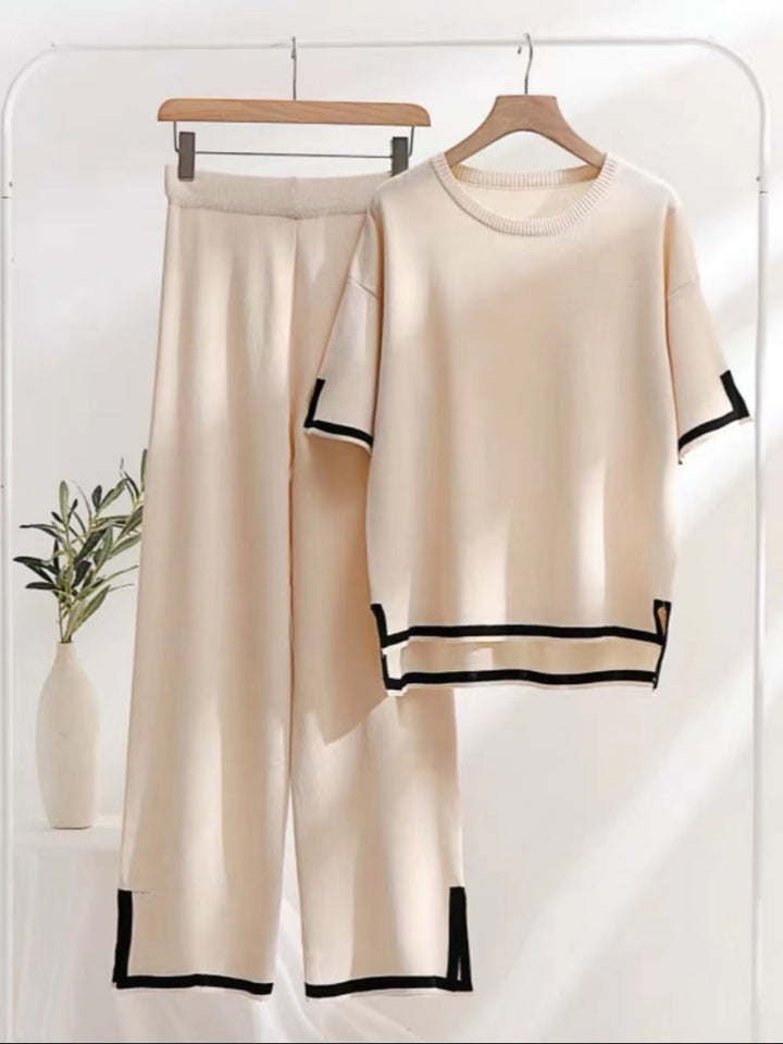 Contrast Trim Knit Short Sleeve Top &amp; Wide Leg Pants Set