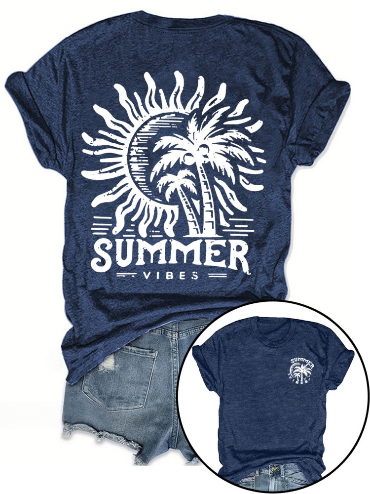 Summer Vibes Sun &amp; Palm Print V-Neck T-Shirt