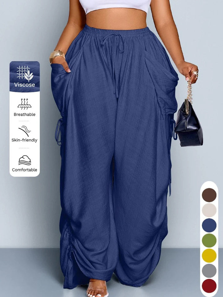 Plus Size Drawstring Ruched Wide Leg Cargo Pants with Pockets