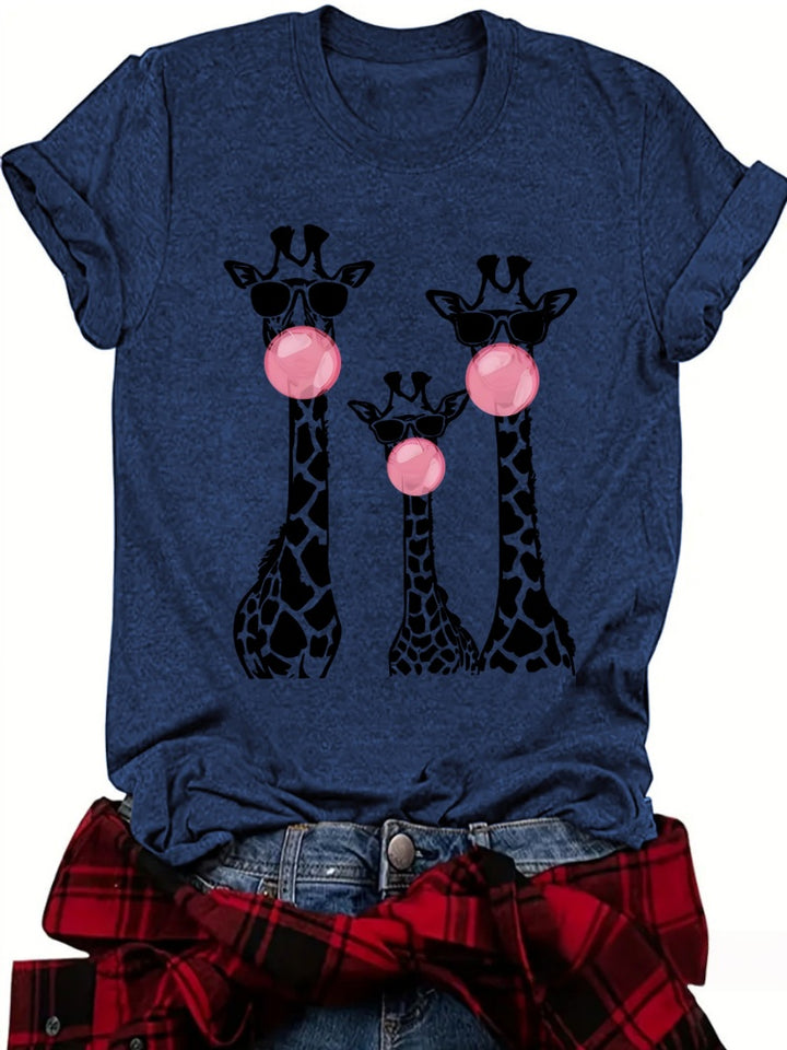 Funny Giraffe Family Bubblegum Print Crew Neck T-Shirt