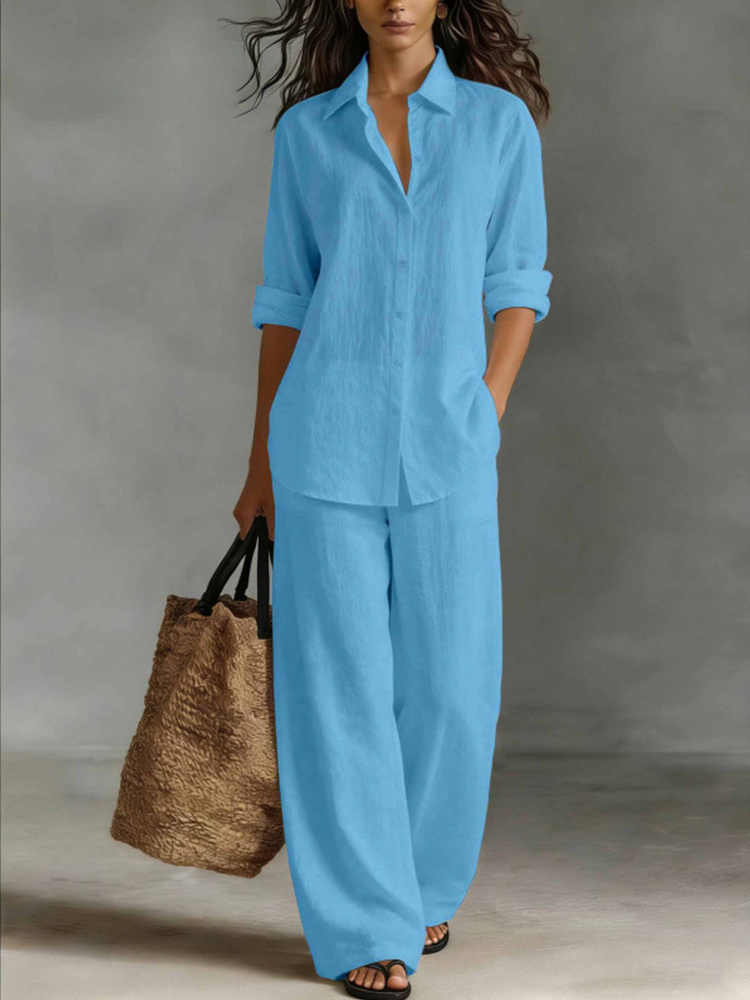 Women Linen Shirt Wide Leg Pants Vacation Two Piece Set
