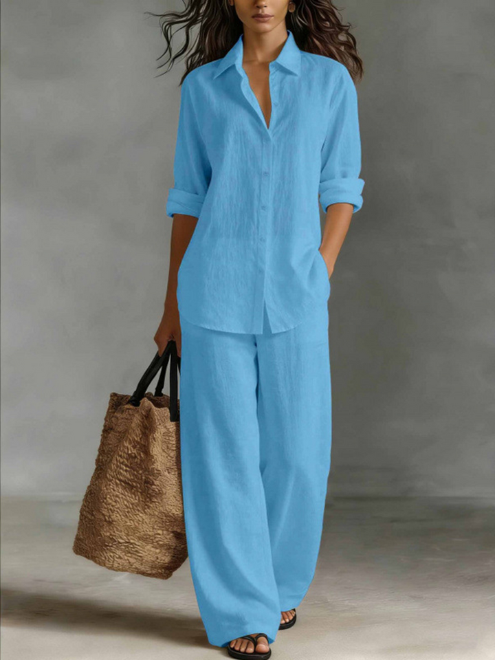 Women Linen Shirt Wide Leg Pants Vacation Two Piece Set
