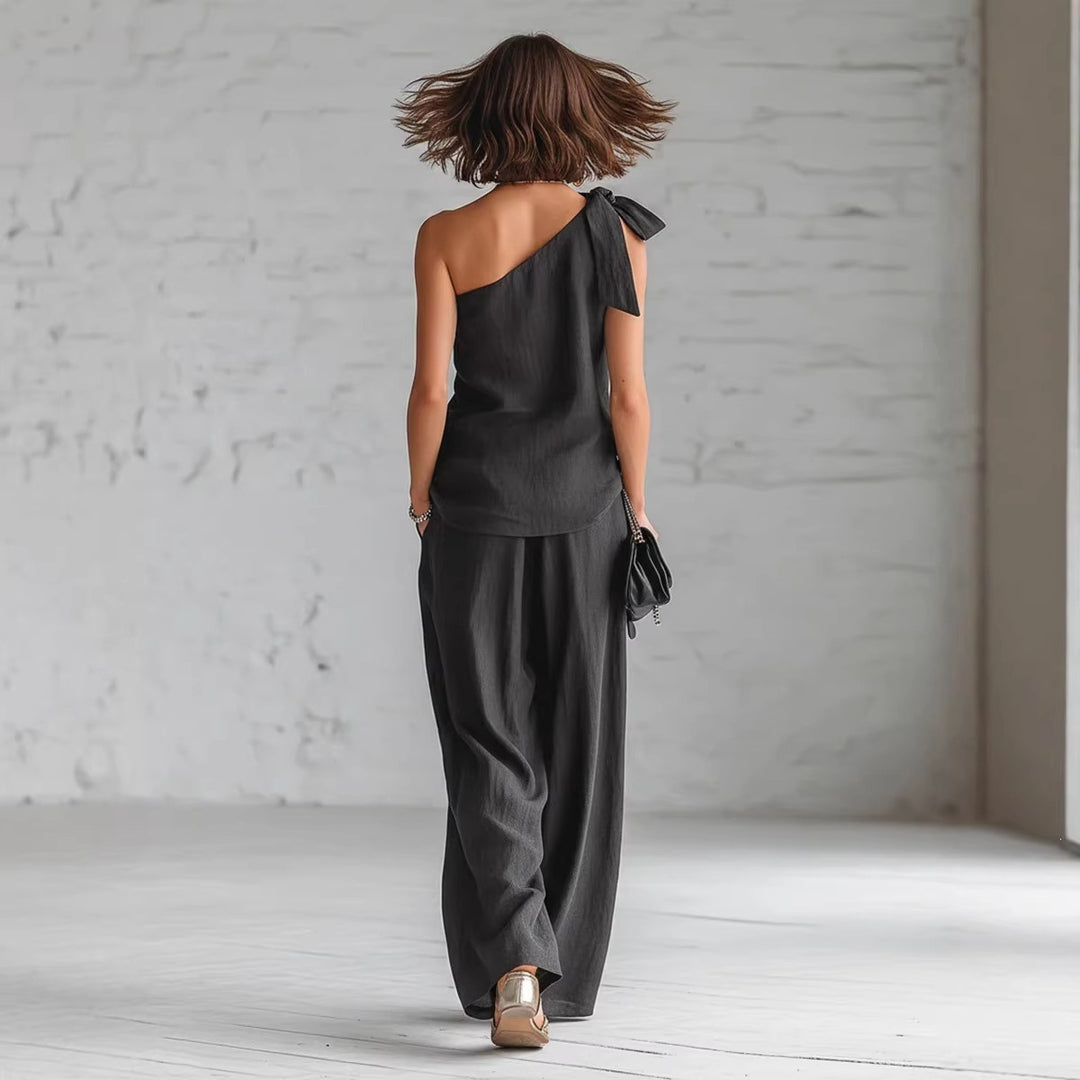 Sleeveless one-shoulder top with tie and wide-leg women&