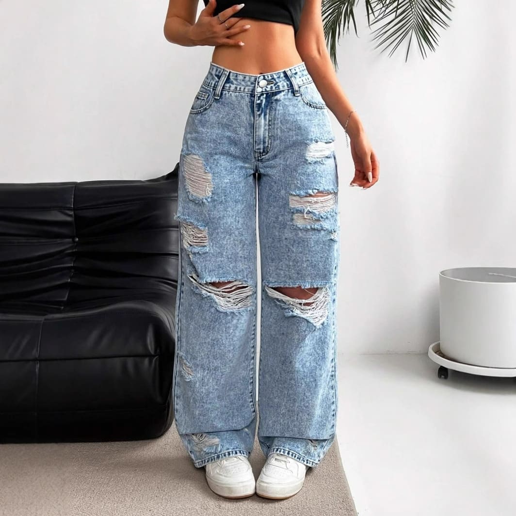 High-waisted straight-leg ripped jeans