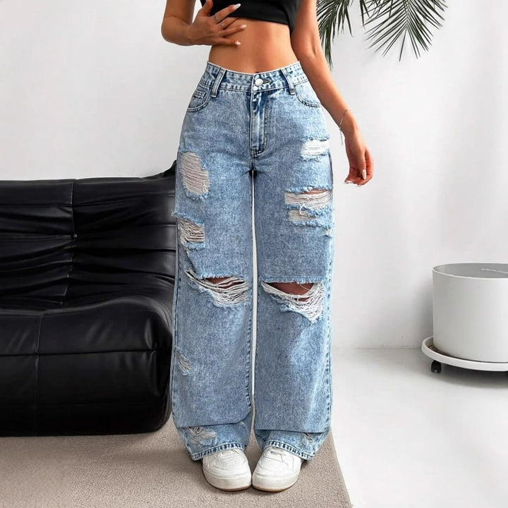 High-waisted straight-leg ripped jeans