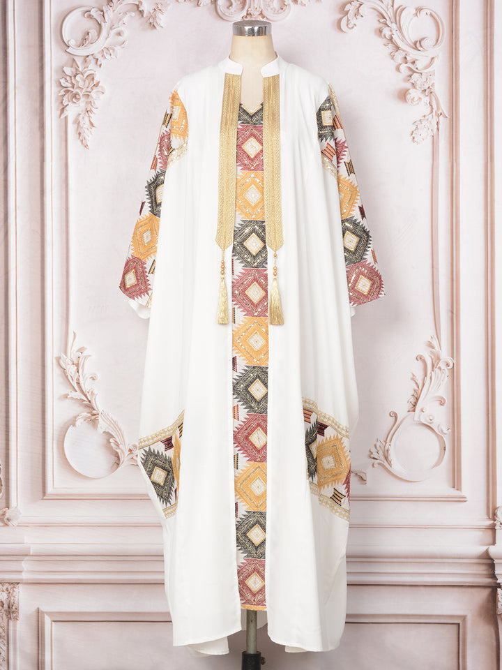 Geometric Embroidered Open-Front Abaya with Inner Dress