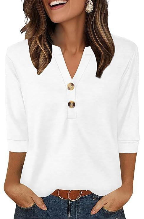 3/4 Sleeve V-Neck Henley Blouse