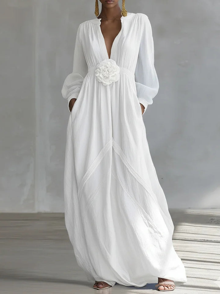Elegant 3D Floral Cotton Linen Maxi Dress with Resort Style