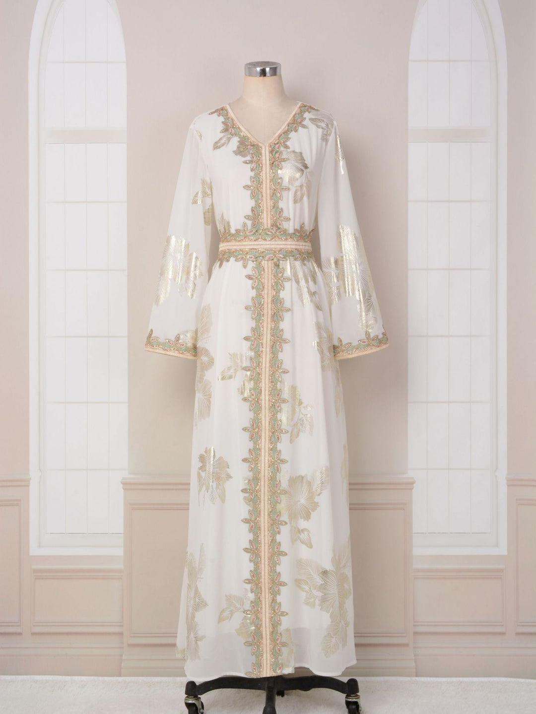 Gold Foil Floral Embroidered Abaya Maxi Dress