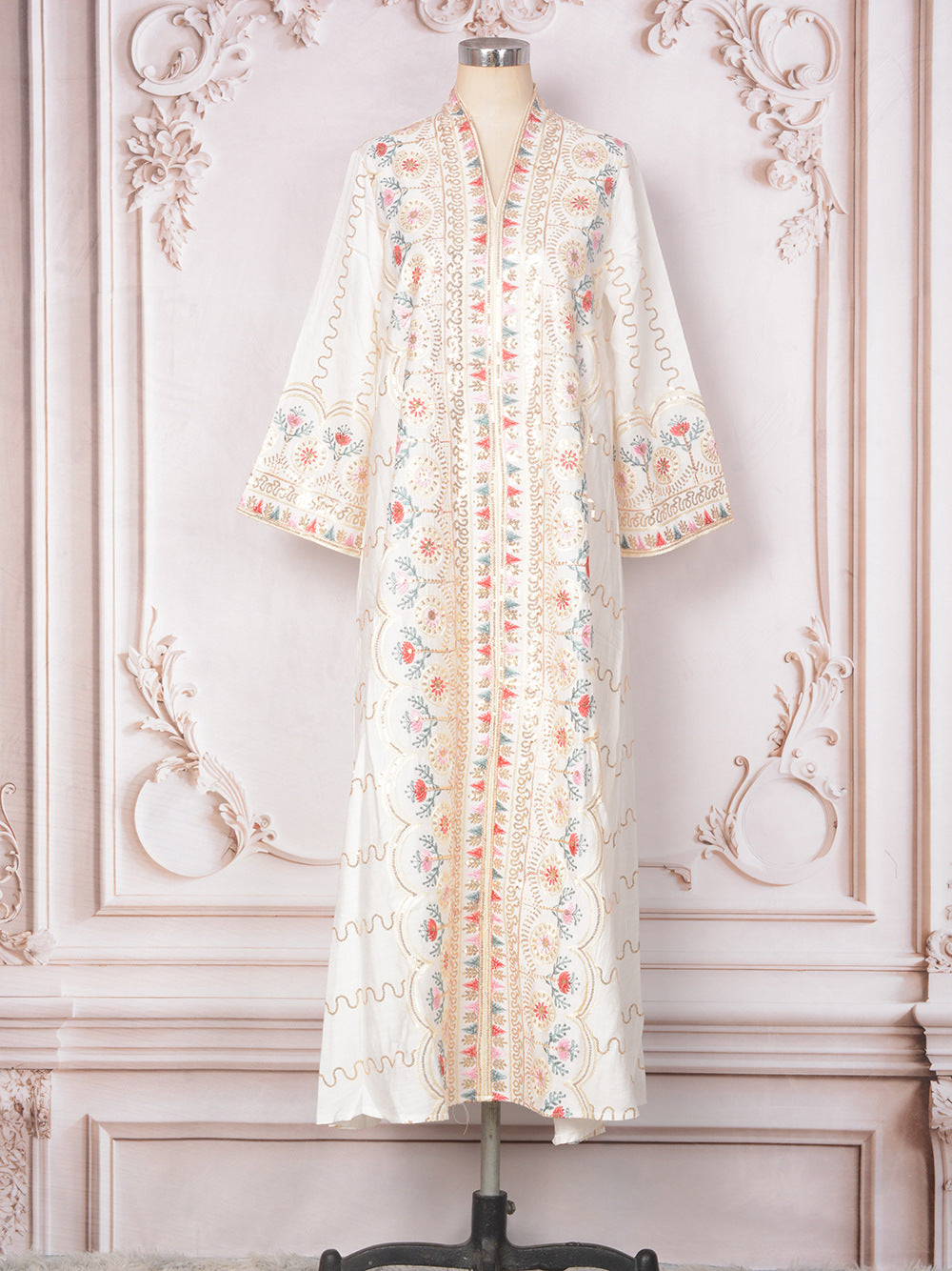 Floral Embroidered Sequin-Trimmed Abaya Maxi Dress